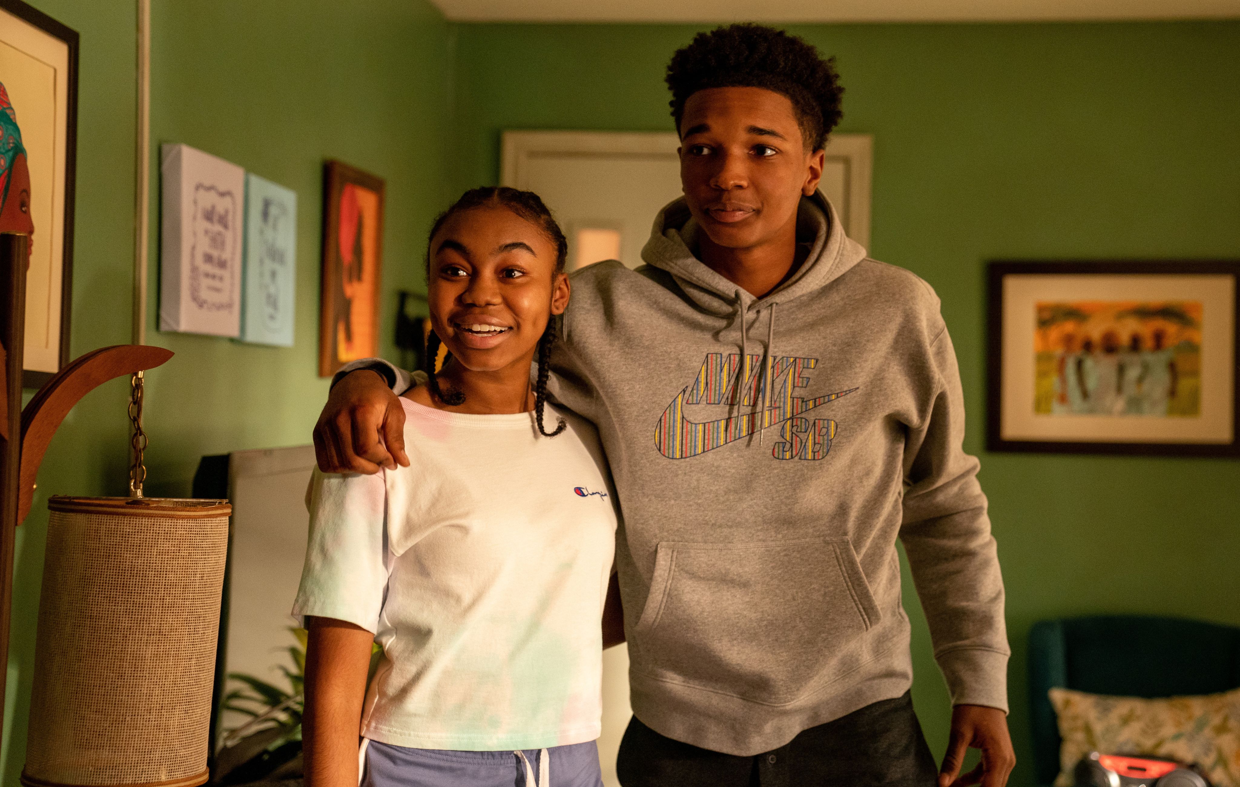 Jordan Rice as Jackie Carson and Isaiah Hill as Jace Carson in the Apple TV+ Series, Swagger