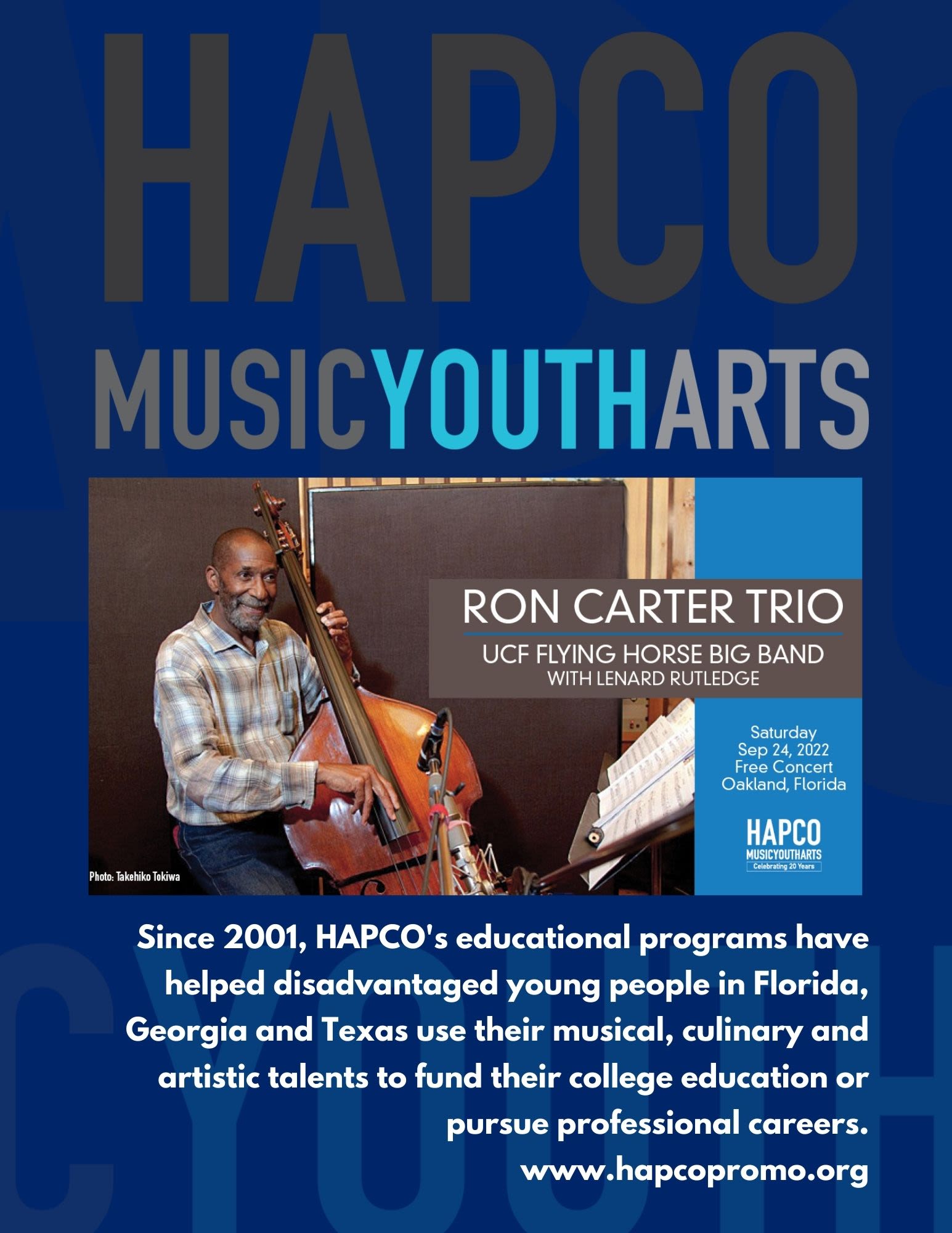 Flyer for Ron Carter Trio Performance Sept 24 in Oakland, FL https://www.hapcopromo.org
